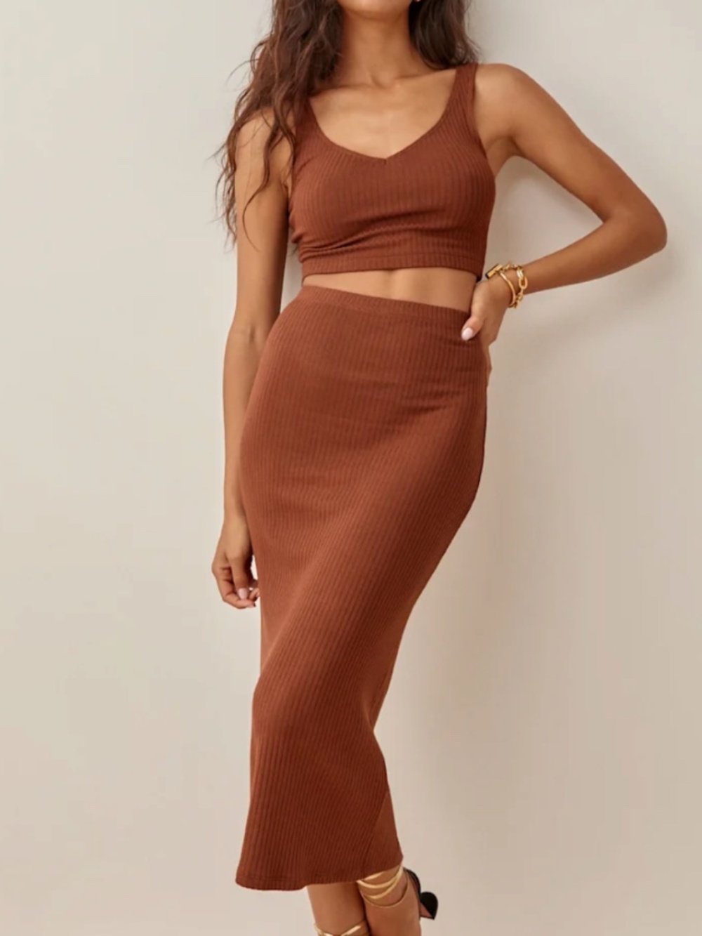 Reformation Ribbed Midi Dress in Brown